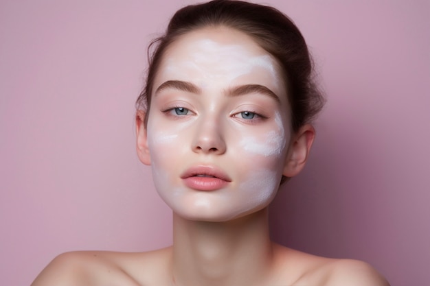 Bezpłatne zdjęcie kobieta używająca różowego produktu kosmetycznego na twarzy