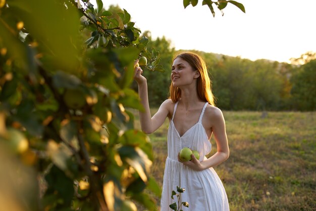 Kobieta W Białej Sukni Na Naturze W Pobliżu Owoców Jabłoni Premium Zdjęcia