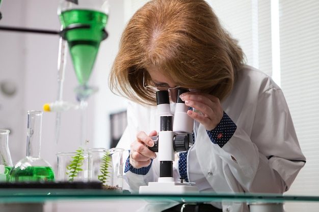 Bezpłatne zdjęcie kobieta w branży mikrobiologicznej dostosowująca swój mikroskop. kobieta pracująca w fabryce roślin.