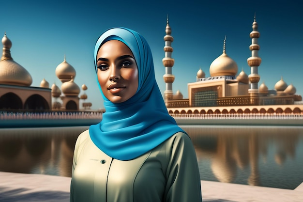 Bezpłatne zdjęcie kobieta w niebieskim hidżabie stoi przed budynkiem, a za nią błękitne niebo.