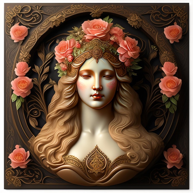 Kobieta z długimi włosami i wieńcem z róż na głowie.