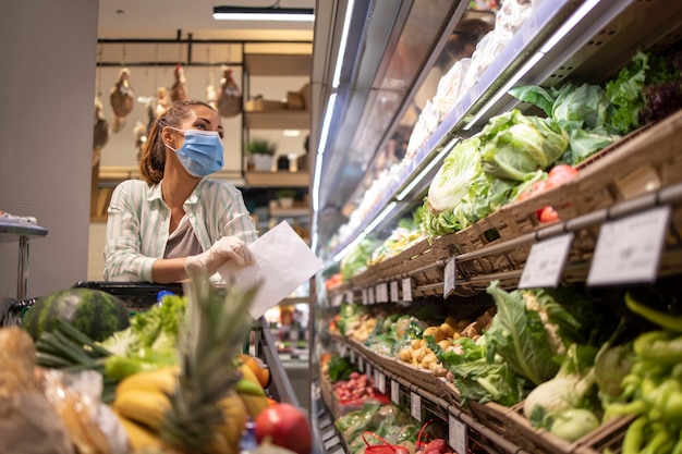 Kobieta z higieniczną maską i gumowymi rękawiczkami oraz koszykiem w sklepie spożywczym, kupując warzywa podczas koronawirusa i przygotowując się do kwarantanny pandemicznej