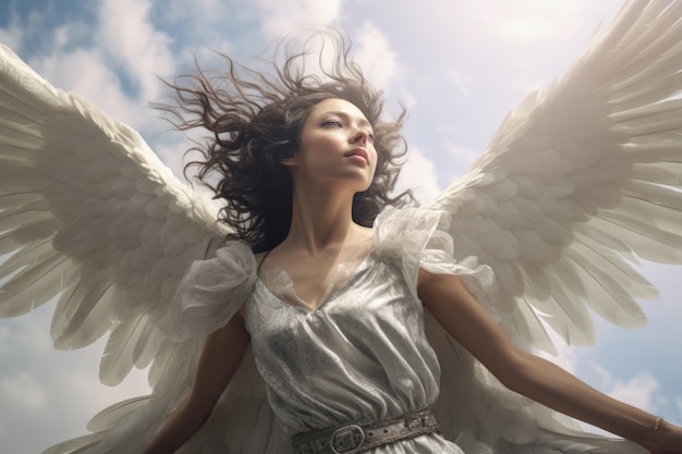 Bezpłatne zdjęcie kobieta z niskim kątem z latającymi skrzydłami
