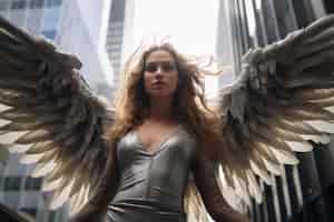 Bezpłatne zdjęcie kobieta z niskim kątem z latającymi skrzydłami