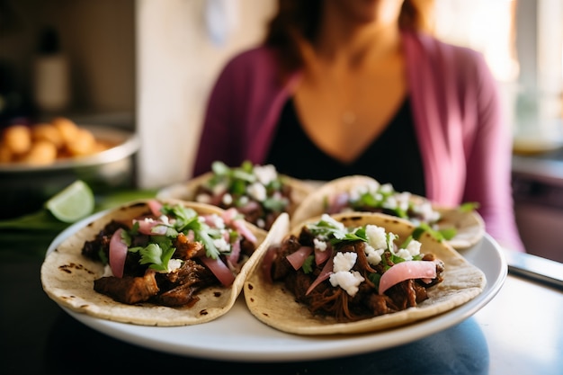 Bezpłatne zdjęcie kobieta z przodu z pysznymi tacos