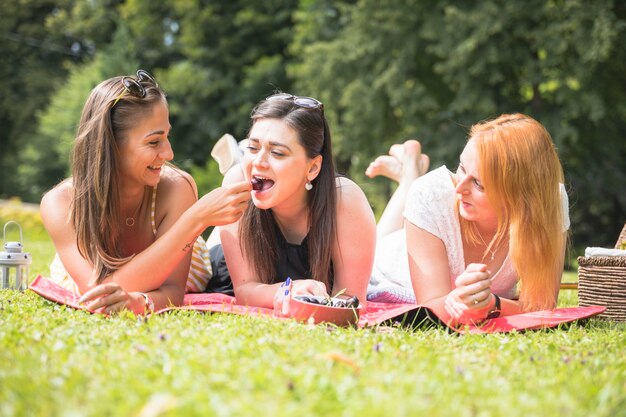 Kobieta żywieniowa radośnie jej przyjaciele kłama na koc nad zieloną trawą