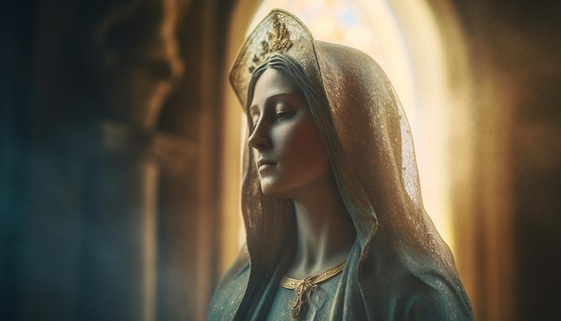 Kobiety modlące się do Boga przy katolickim posągu wygenerowanym przez AI