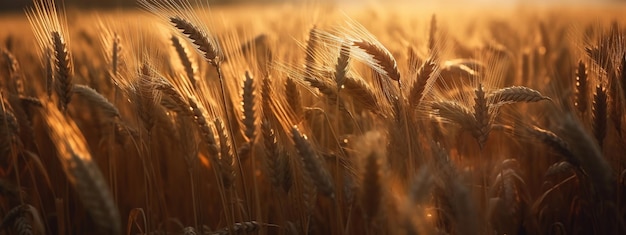 Kolce dojrzałej pszenicy na polu rolników Obraz generowany przez AI