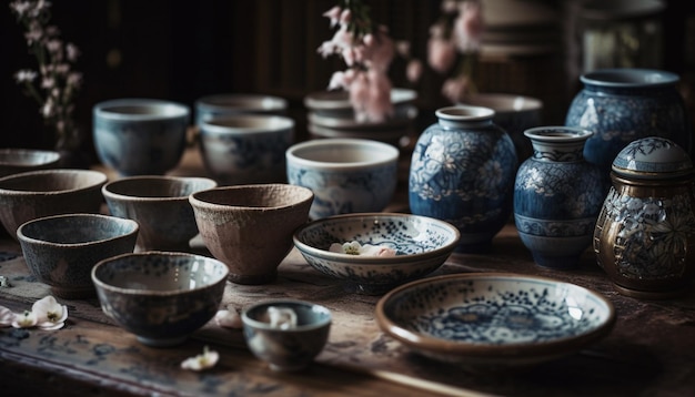 Kolekcja ceramiki ceramicznej ozdobne wzory rustykalne dekoracje generowane przez AI