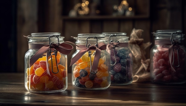Bezpłatne zdjęcie kolekcja słodkich jagód w rustykalnym szklanym pojemniku wygenerowana przez ai