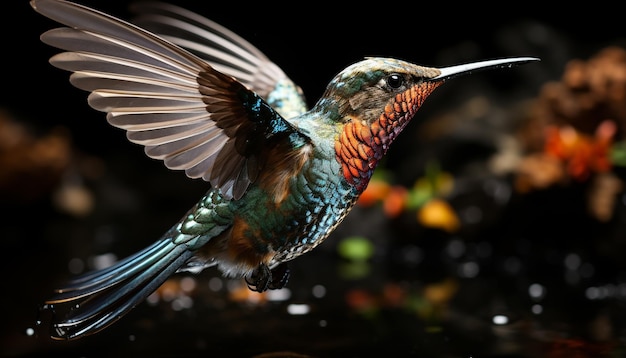 Bezpłatne zdjęcie koliber latający wibrujące pióra piękno natury w zbliżeniu generowanym przez sztuczną inteligencję