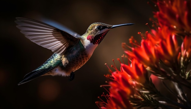 Bezpłatne zdjęcie koliber leci w pobliżu czerwonego kwiatu.