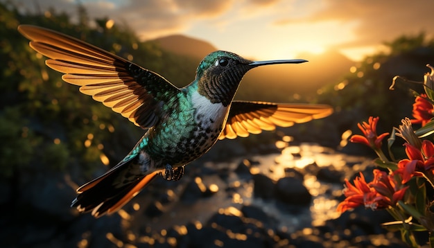 Bezpłatne zdjęcie koliber unosi się, rozkłada skrzydła, zapyla przyrodę, żywe piękno generowane przez sztuczną inteligencję