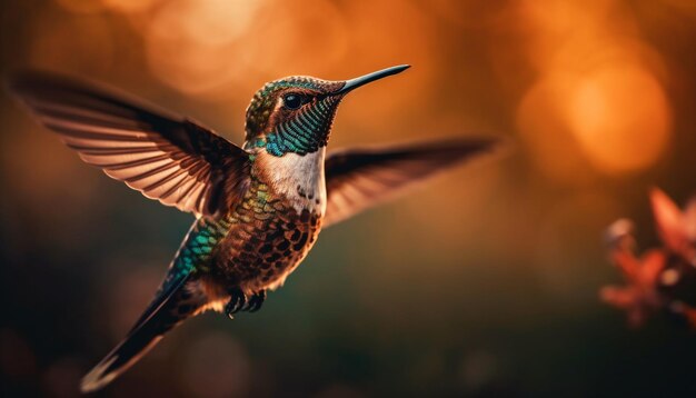 Koliber unoszący się w powietrzu i rozkładający opalizujące skrzydła w naturze, wygenerowany przez sztuczną inteligencję