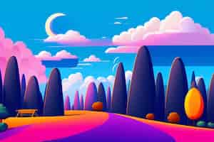 Bezpłatne zdjęcie kolorowa ilustracja przedstawiająca drogę z drzewami i księżyc na niebie.