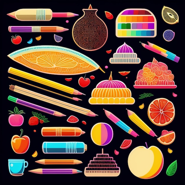 Bezpłatne zdjęcie kolorowa ilustracja różnych przedmiotów, w tym ołówka, jabłka, jabłka i filiżanki kawy.
