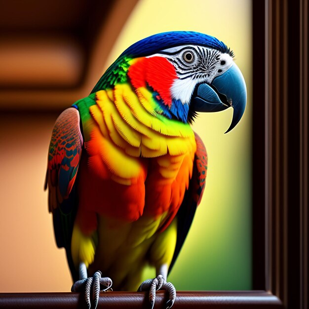 Kolorowa papuga siedzi na brązowym słupie.