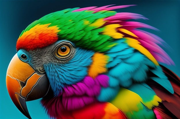 Kolorowa papuga z niebieskim tłem i napisem papuga.