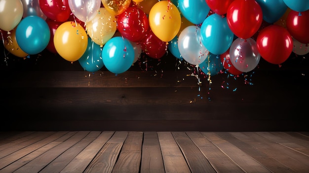 Kolorowe balony karnawałowe i dekoracje na drewnianym stole