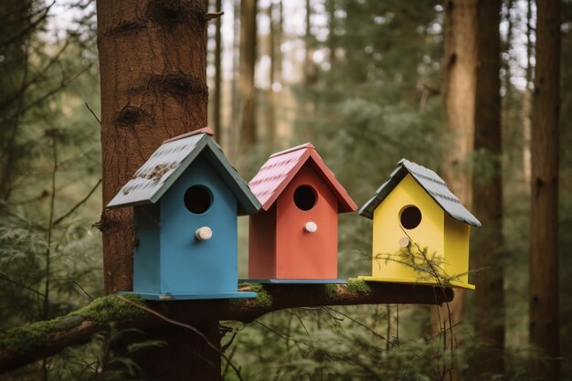 Kolorowe domki dla ptaków na zewnątrz