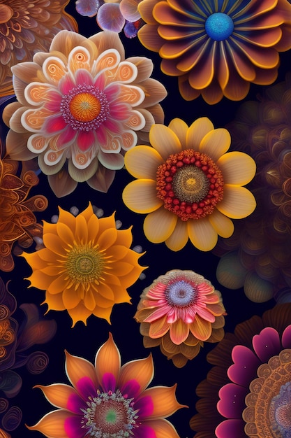 Kolorowy kwiatowy wzór z dużym kwiatem pośrodku.