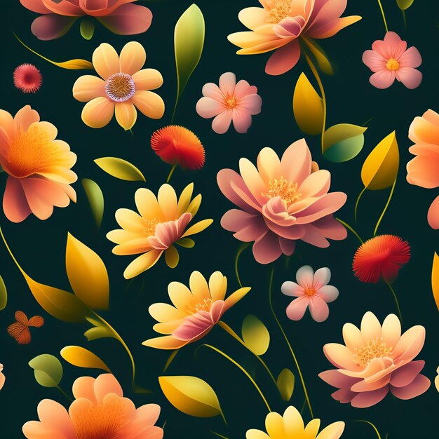 Kolorowy kwiatowy wzór z pomarańczowymi i żółtymi kwiatami na ciemnym tle.