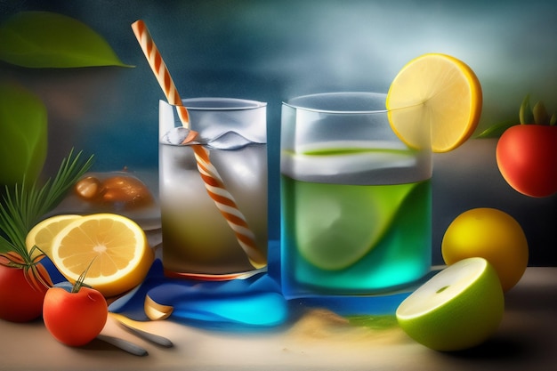 Kolorowy napój ze słomką w niebiesko-pomarańczowe paski