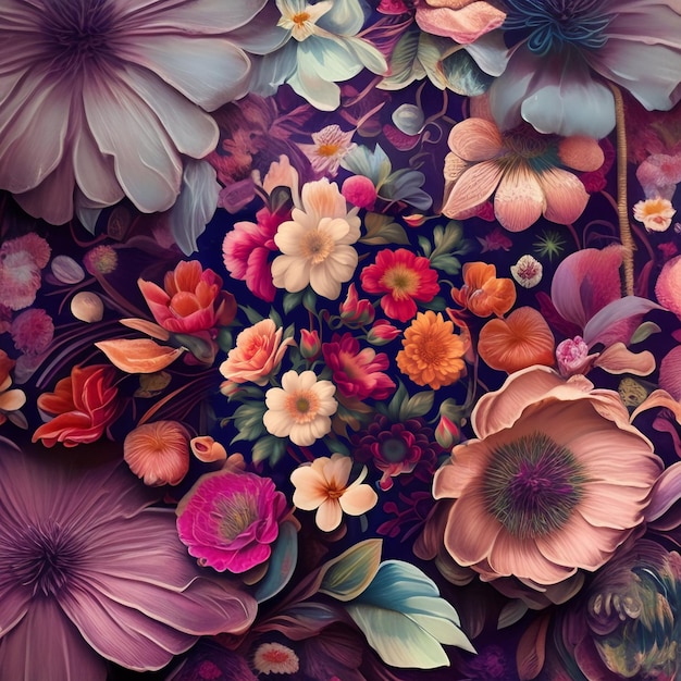 Kolorowy obraz kwiatowy z bukietem kwiatów na nim.