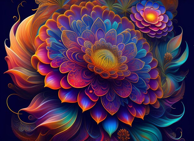 Kolorowy obraz przedstawiający kwiat z dużym kwiatem pośrodku.