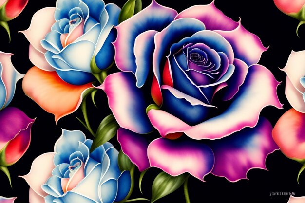 Kolorowy obraz przedstawiający róże z fioletowymi i różowymi liśćmi