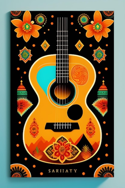 Bezpłatne zdjęcie kolorowy plakat z gitarą i górami w tle.