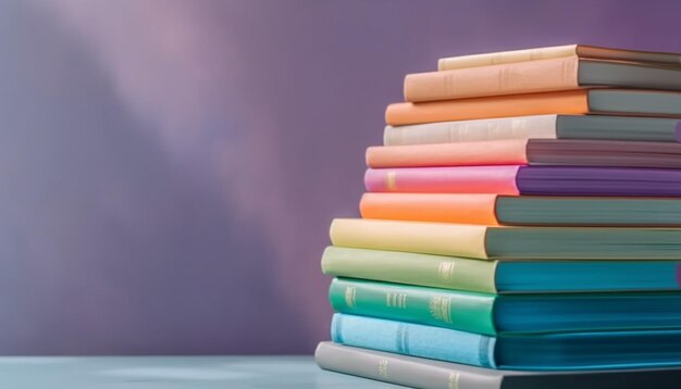 Kolorowy stos literatury w bibliotece wygenerowanej przez AI