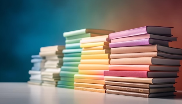 Kolorowy stos podręczników na stole wygenerowany przez sztuczną inteligencję