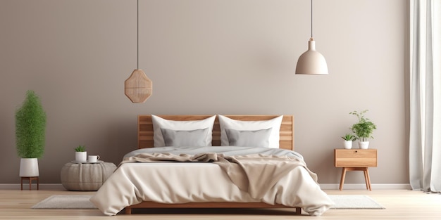Komfortowa sypialnia w miękkich kolorach z wiszącą żarówką