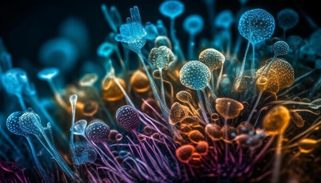Komórka rakowa powiększona w niebieskiej rafie podwodnej wygenerowanej przez sztuczną inteligencję