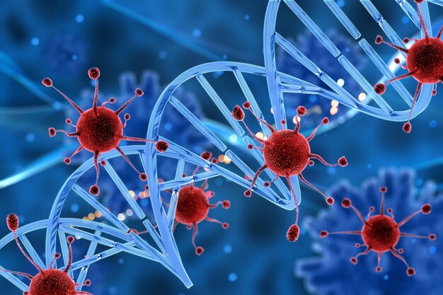 Komórki wirusa 3D atakujące nici DNA