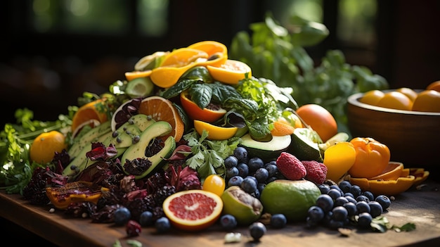 Bezpłatne zdjęcie kompost na stole z różnorodnymi owocami i warzywami