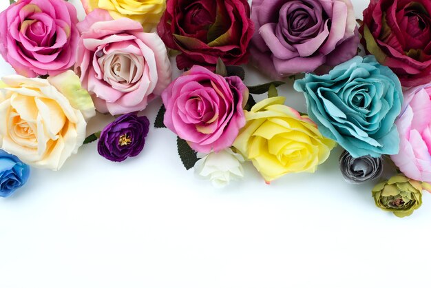 Kompozycja z góry kolorowych i pięknych kwiatów na białej, kolorowej roślinie kwiatowej