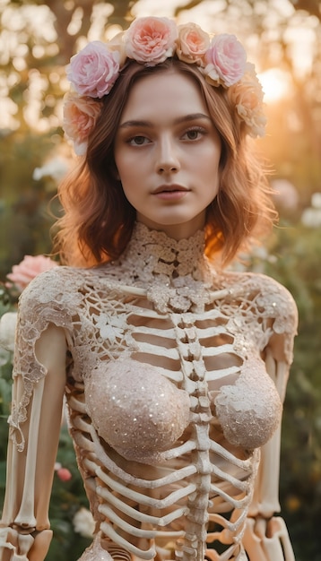 Bezpłatne zdjęcie kompozycja z portretem kobiecego szkieletu