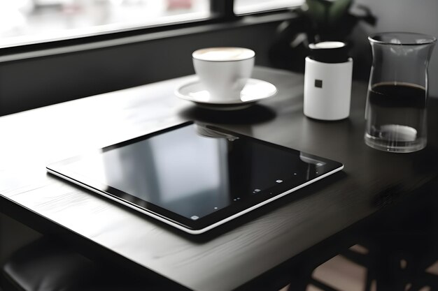 Bezpłatne zdjęcie komputer tabletowy i filiżanka kawy na stole w kawiarni