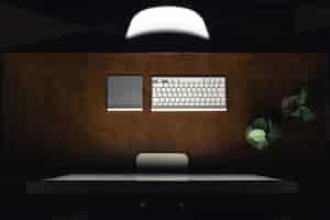 Bezpłatne zdjęcie komputerowa klawiatura i kubek herbaty na drewnianym stole w nocy