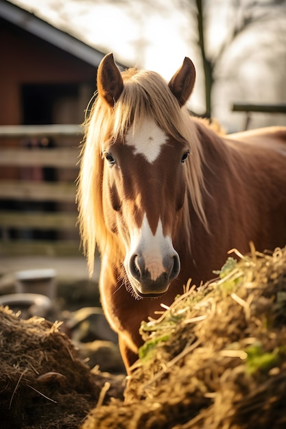 Koń jedzący siano na farmie