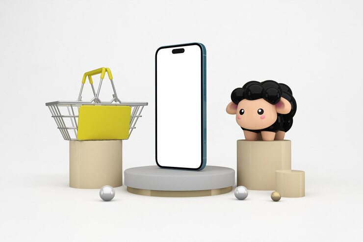 Bezpłatny plik Zdjęcie koncepcja e-commerce z koszem na smartfony i uroczą owcą