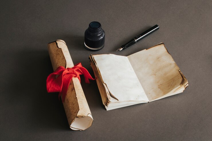 Bezpłatny plik Zdjęcie koncepcja rocznika z papieru, książki i atramentu