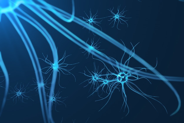 Koncepcyjna ilustracja komórek neuronu ze świecącymi węzłami połączenia. komórki synapsy i neuronu wysyłają elektryczne sygnały chemiczne. neuron połączonych neuronów impulsami elektrycznymi, rendering 3d