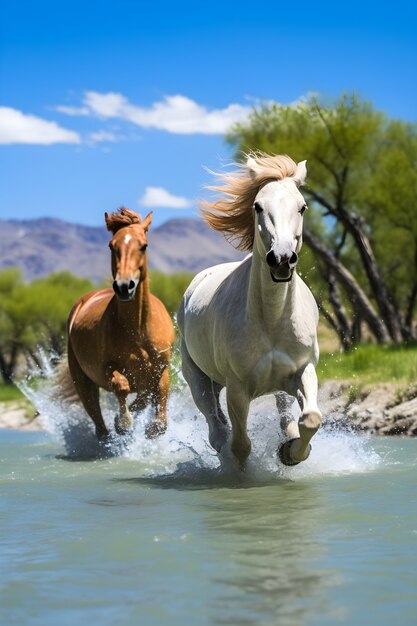 Konie biegnące przez wodę