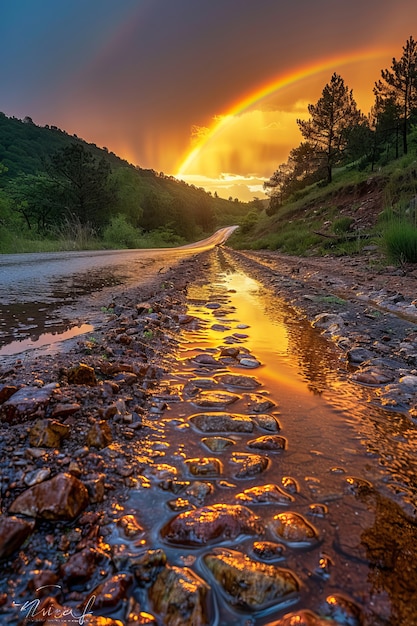 Bezpłatne zdjęcie koniec drogi z piękną tęczą po deszczowej pogodzie