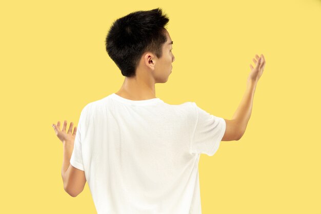 Koreański młody mężczyzna w połowie długości portret na żółtej ścianie