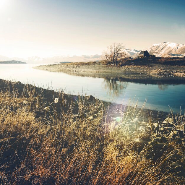 Kościół Dobrego Pasterza i jeziora, Mackenzie Country, Canterbury, Nowa Zelandia.