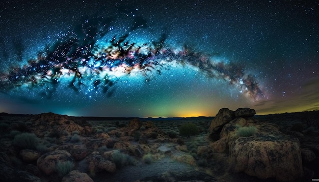 Bezpłatne zdjęcie kosmiczna przygoda świecący szlak gwiazd oświetla sztuczną inteligencję generującą krajobraz